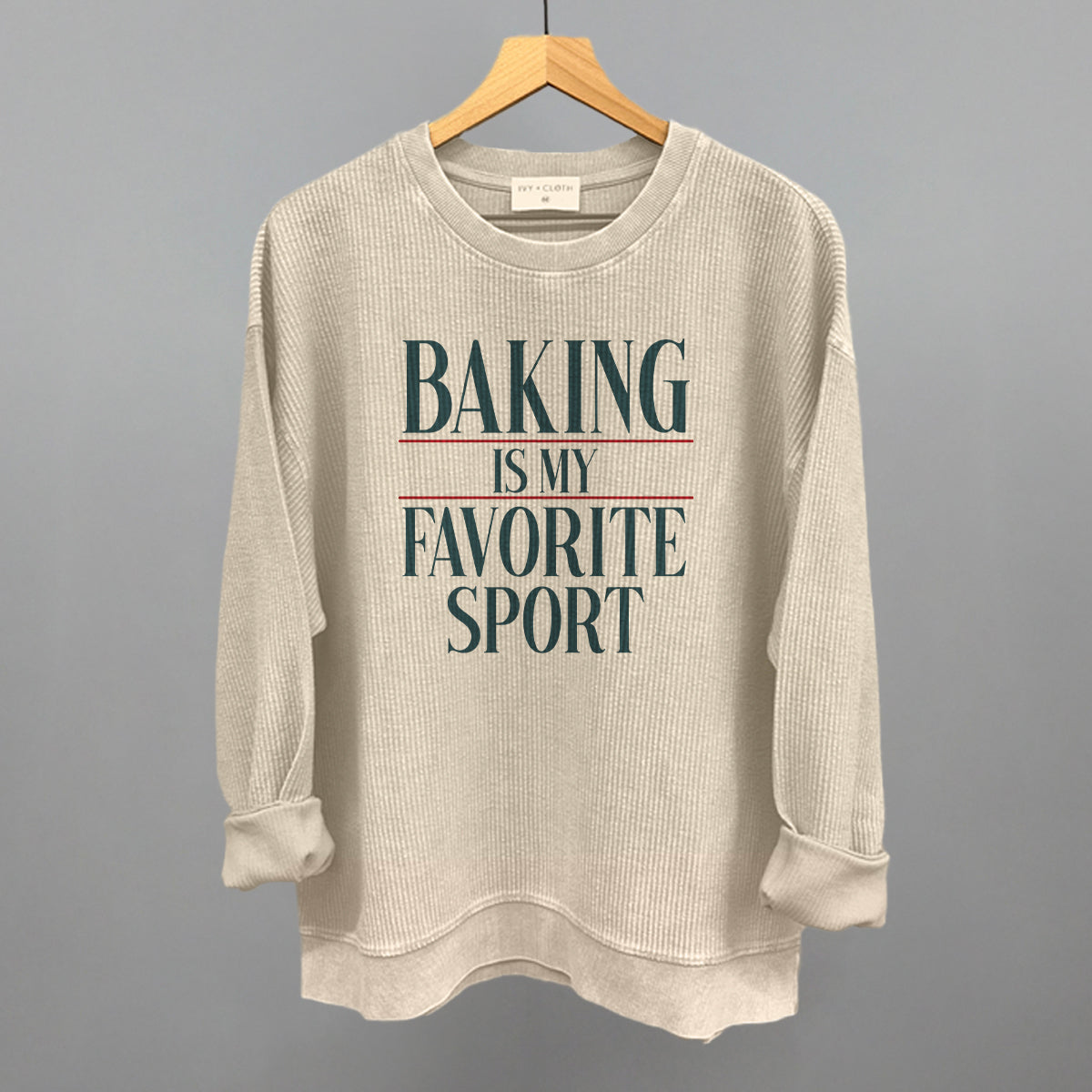 Baking Is My Favorite Sport graphic oversized corded crew in Moonbeam