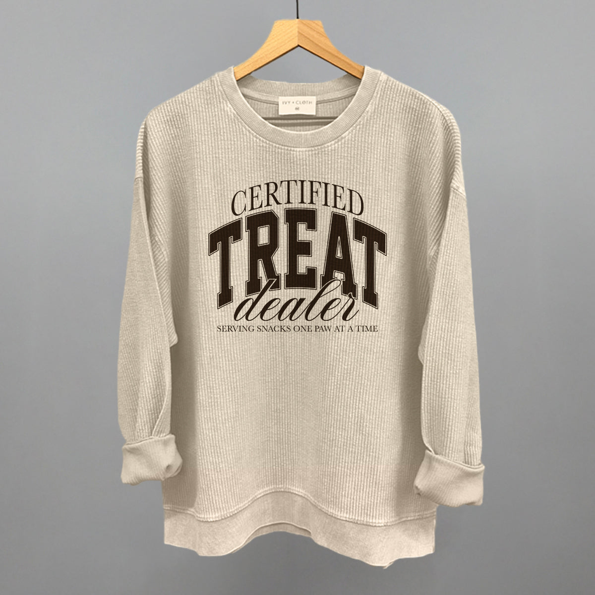 Certified Treat Dealer graphic oversized corded crew in Moonbeam