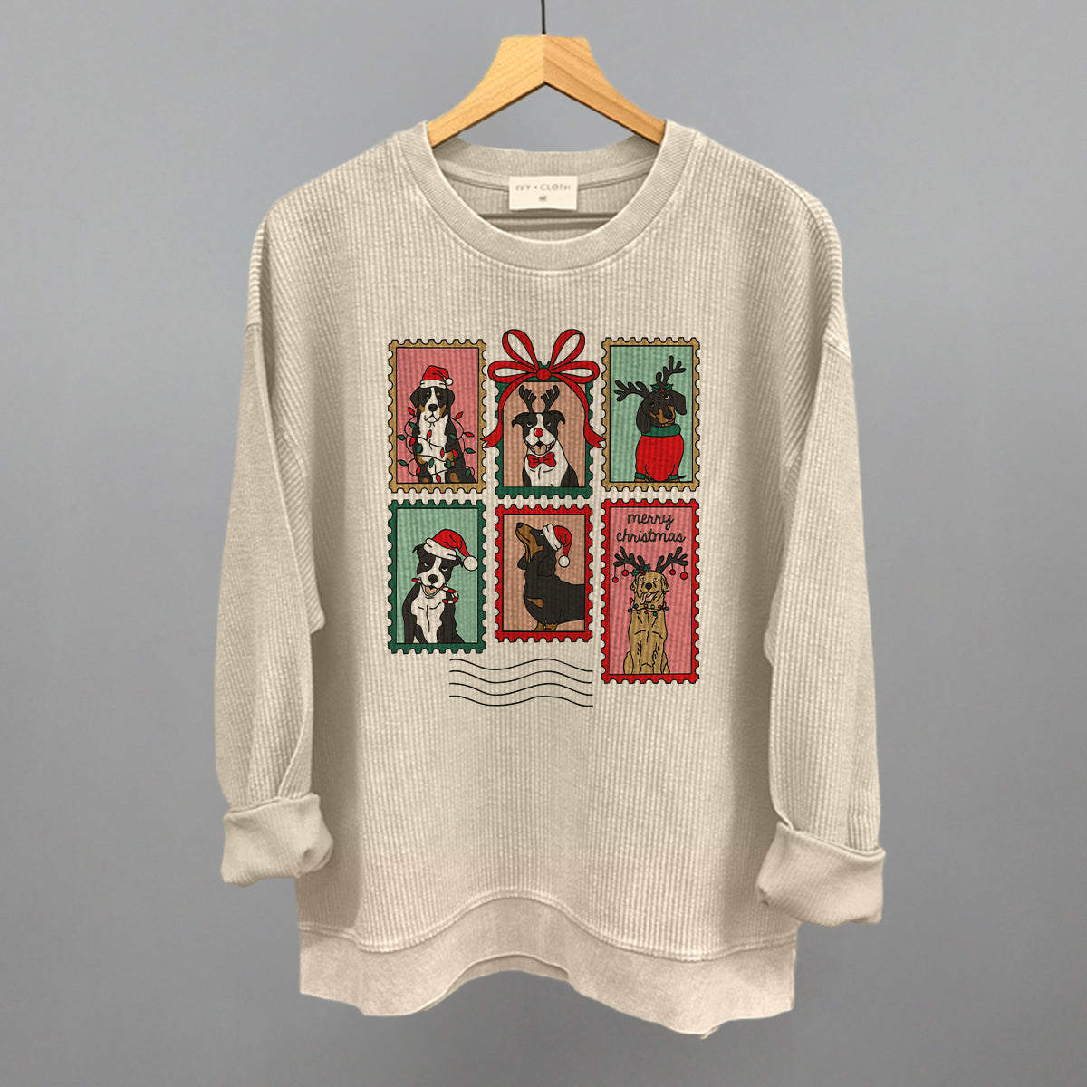 Dog Christmas Stamps Doodle Funny Oversized Corded Crewneck Sweatshirt in Moonbeam – Ivy + Cloth