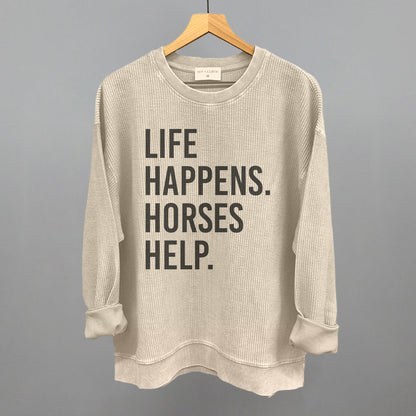 Life Happens Horses Help Horse Lover graphic oversized corded crew in Moonbeam