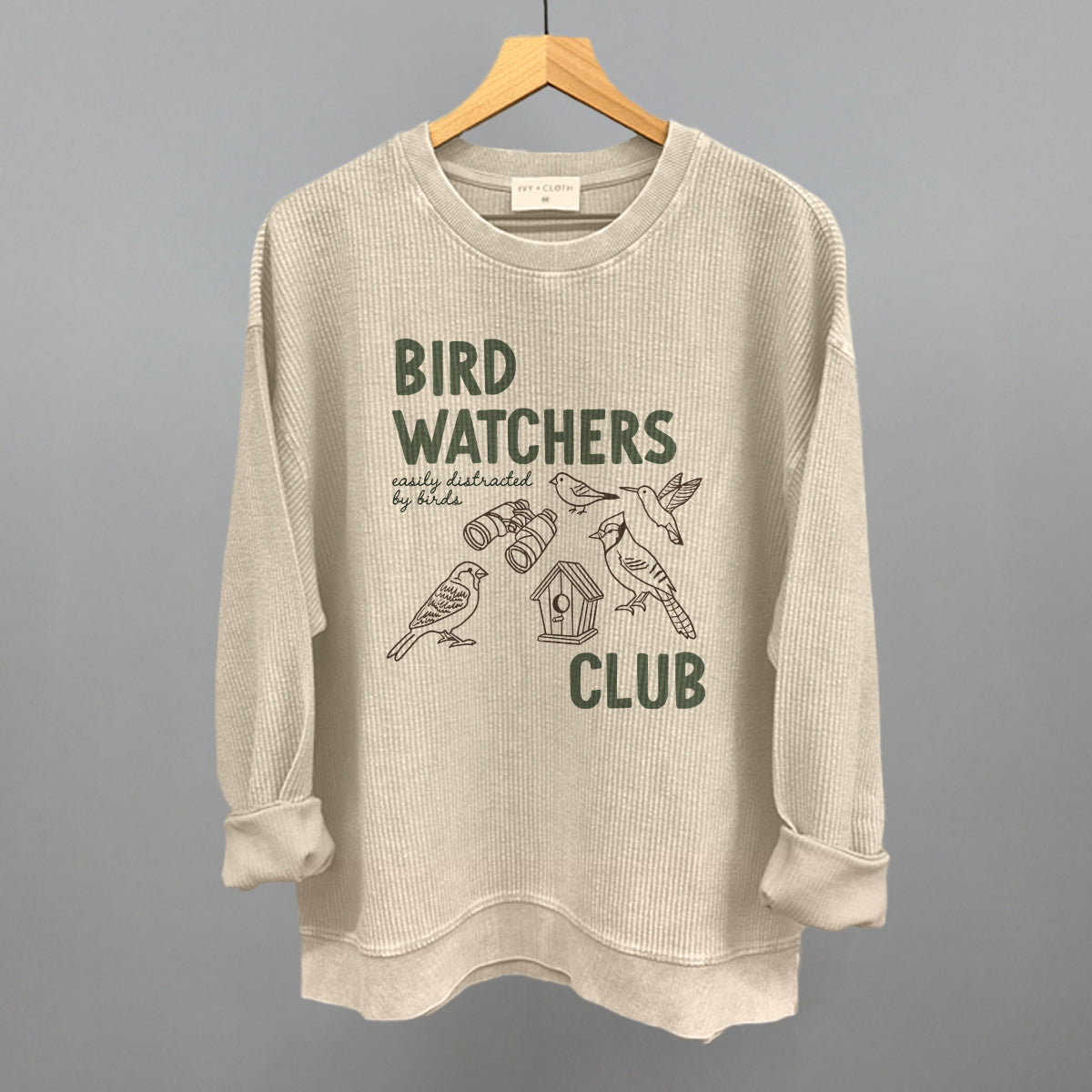 Birdwatchers Club graphic oversized corded crew in Moonbeam