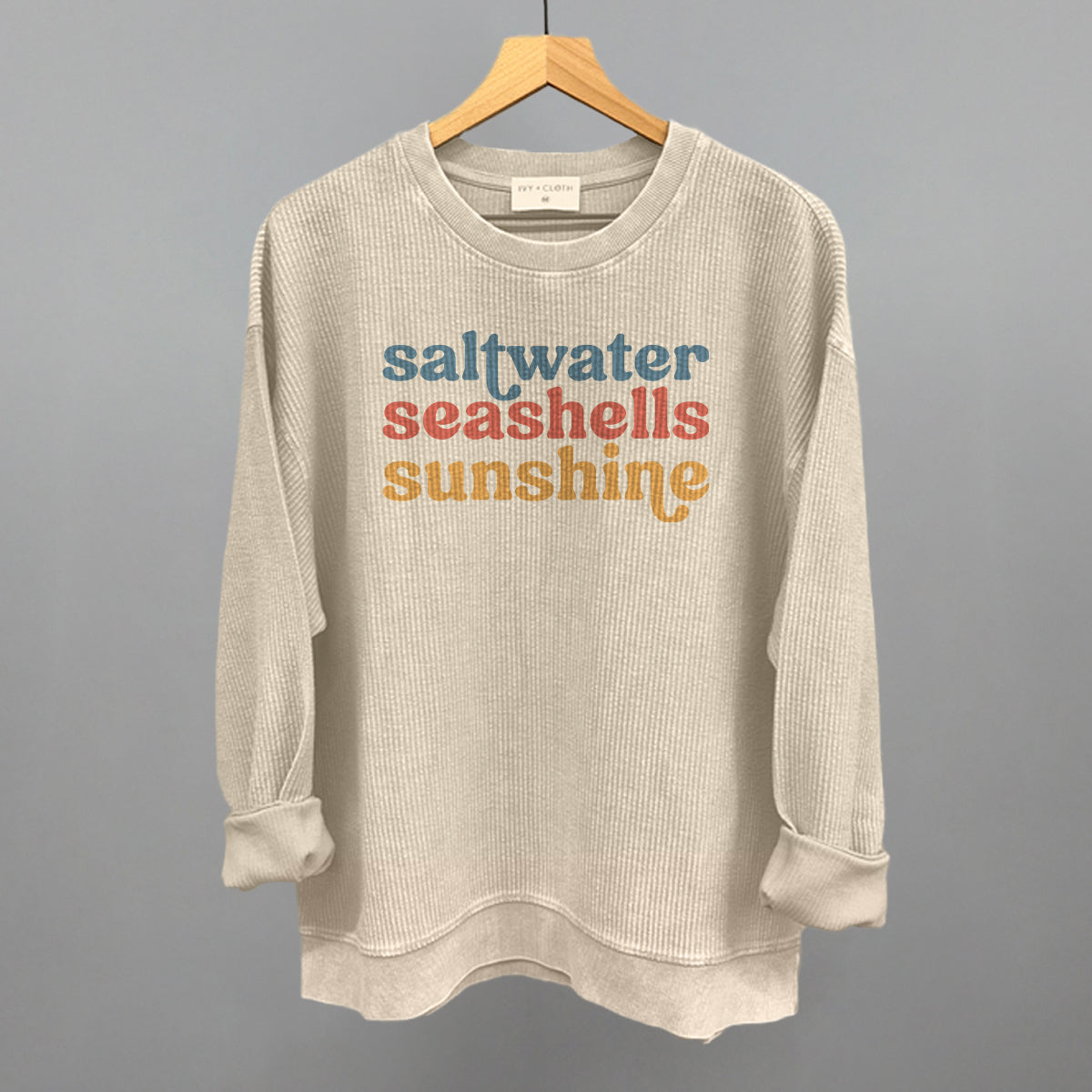 Saltwater, Seashells, Sunshine Beach graphic oversized corded crew in Moonbeam