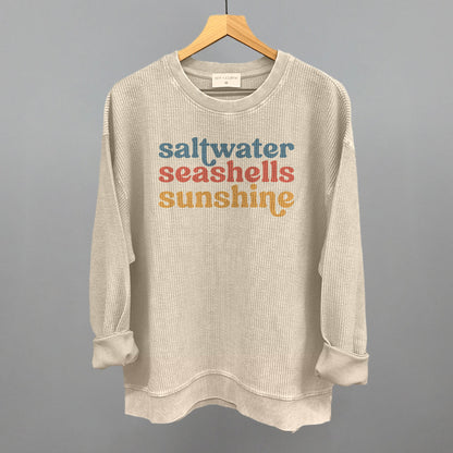 Saltwater, Seashells, Sunshine Beach graphic oversized corded crew in Moonbeam