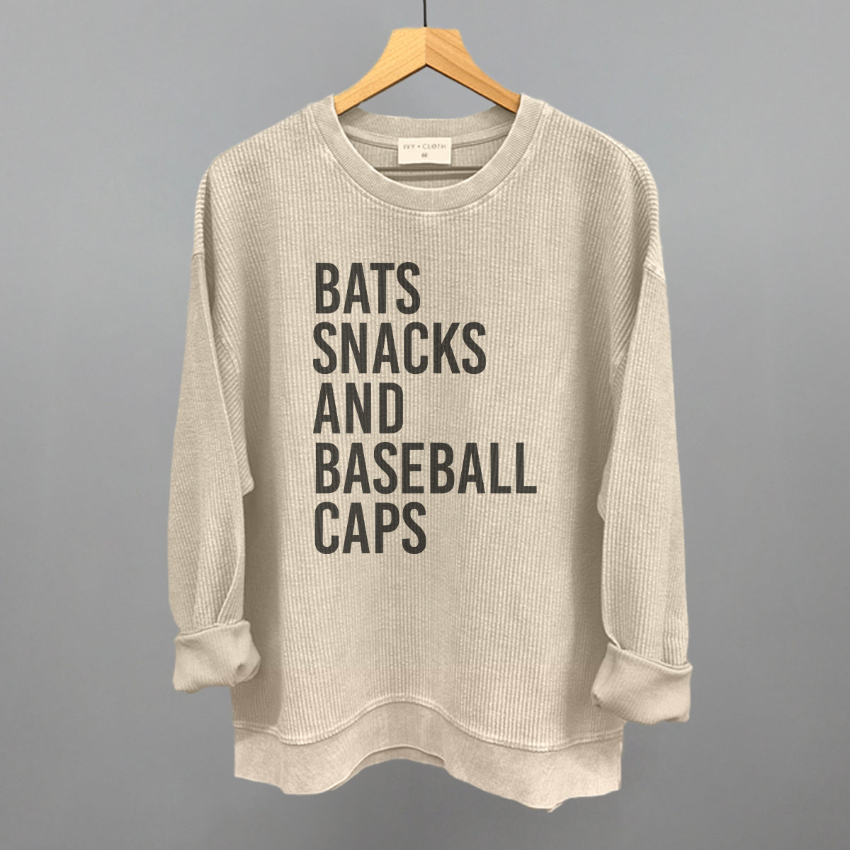 Bats, Snacks, And Baseball Caps Funny Oversized Corded Crewneck Sweatshirt in Moonbeam – Ivy + Cloth