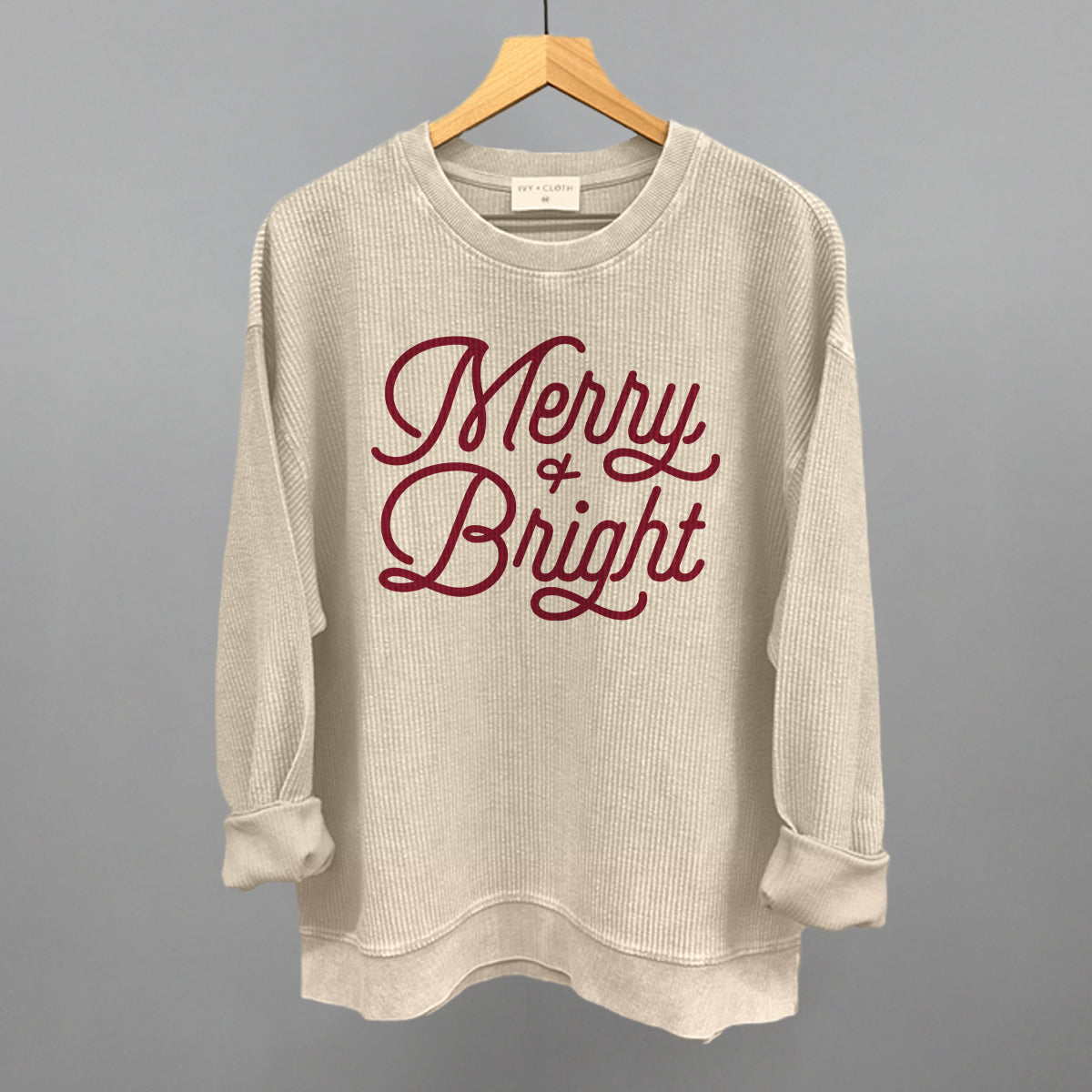 Merry And Bright (Monoline Script) Funny Oversized Corded Crewneck Sweatshirt in Moonbeam – Ivy + Cloth
