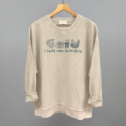 I Would Rather Be Thrifting graphic oversized corded crew in Moonbeam