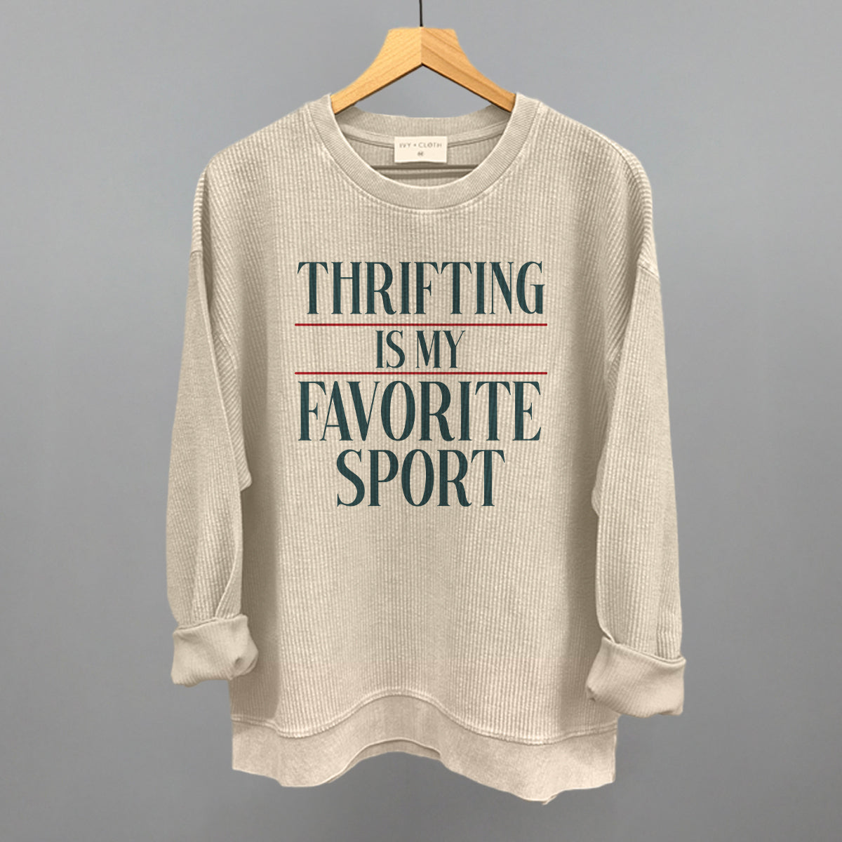 Thrifting Is My Favorite Sport graphic oversized corded crew in Moonbeam