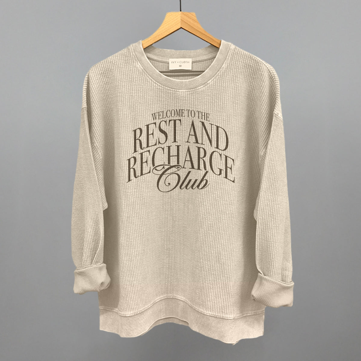Rest and Recharge Club graphic oversized corded crew in Moonbeam