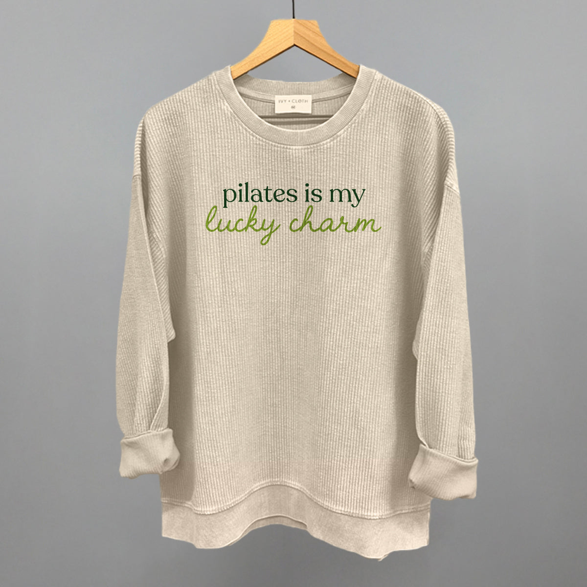 Pilates Is My Lucky Charm St. Patrick's Day graphic oversized corded crew in Moonbeam