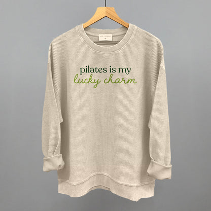 Pilates Is My Lucky Charm St. Patrick's Day graphic oversized corded crew in Moonbeam