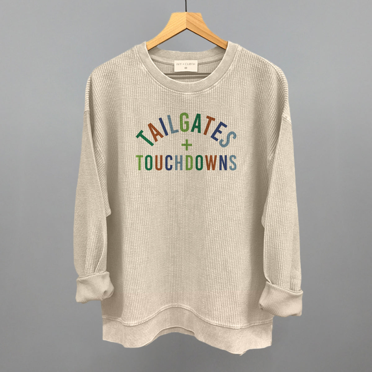 Tailgates and Touchdowns Football graphic oversized corded crew in Moonbeam