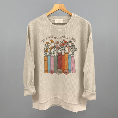 It's A Good Day To Read A Book Funny Oversized Corded Crewneck Sweatshirt in Moonbeam – Ivy + Cloth