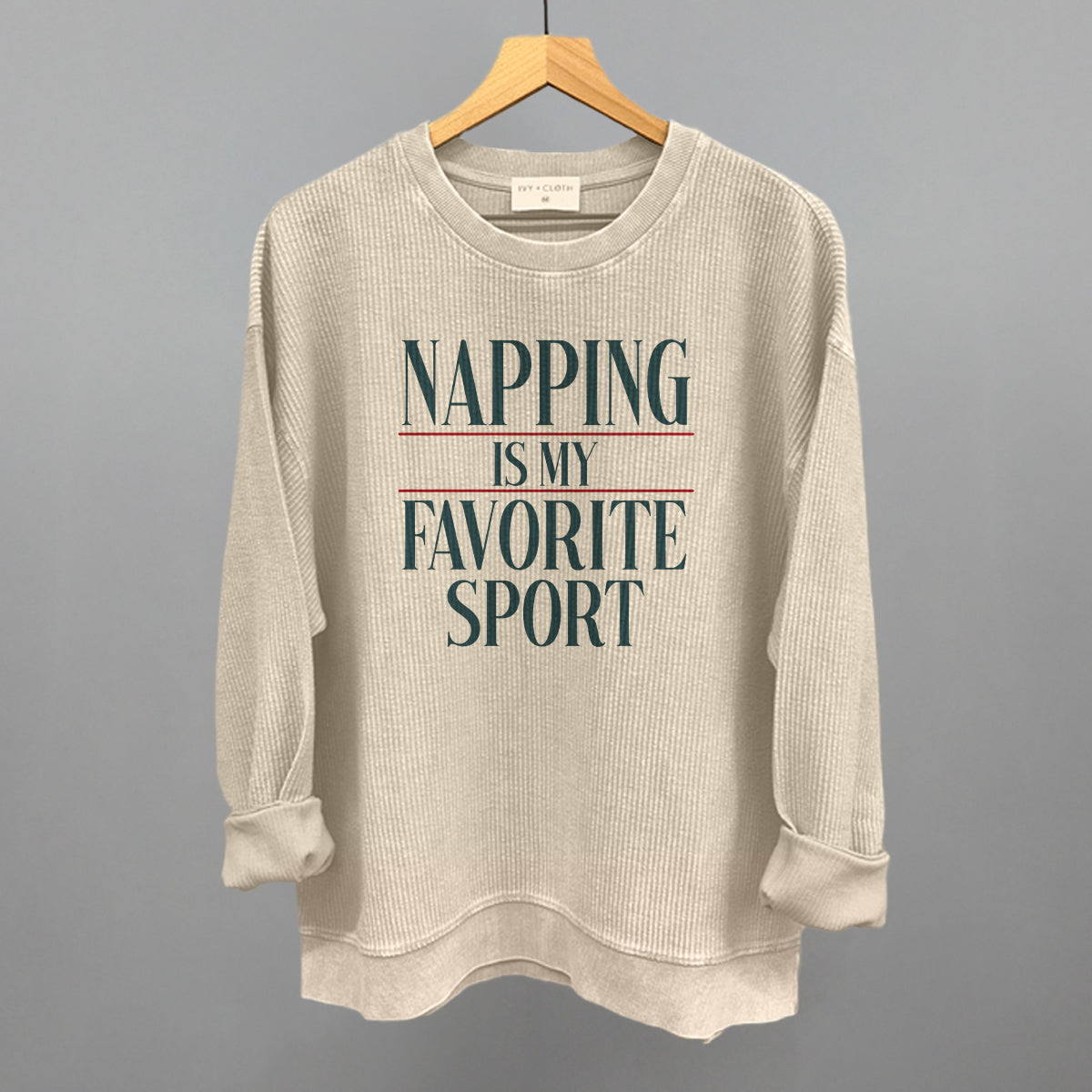 Napping Is My Favorite Sport graphic oversized corded crew in Moonbeam