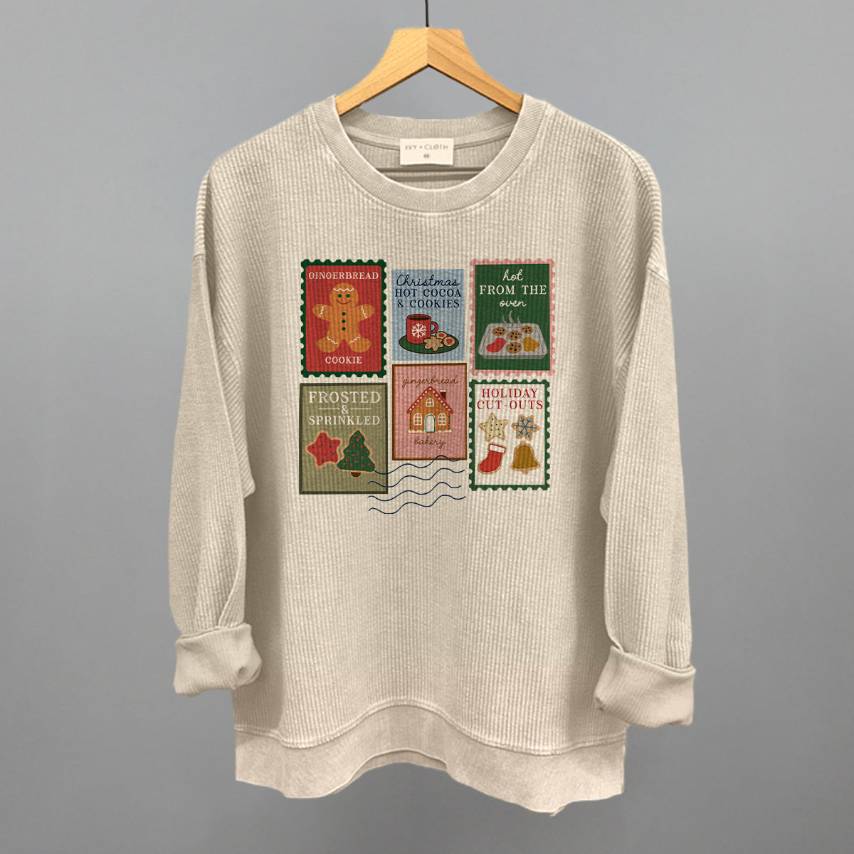 Christmas Cookie Stamps Funny Oversized Corded Crewneck Sweatshirt in Moonbeam – Ivy + Cloth