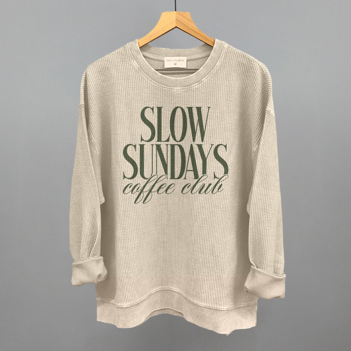 Slow Sundays Coffee Club graphic oversized corded crew in Moonbeam