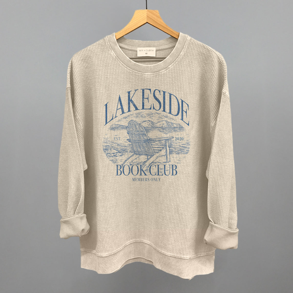 Lakeside Book Club graphic oversized corded crew in Moonbeam