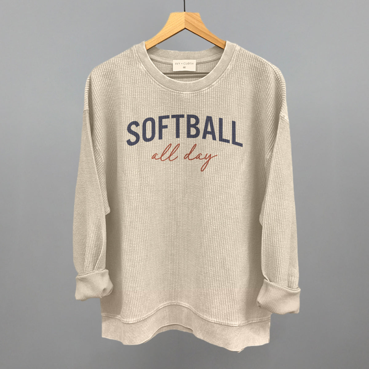Softball All Day (Script) Funny Oversized Corded Crewneck Sweatshirt in Moonbeam – Ivy + Cloth