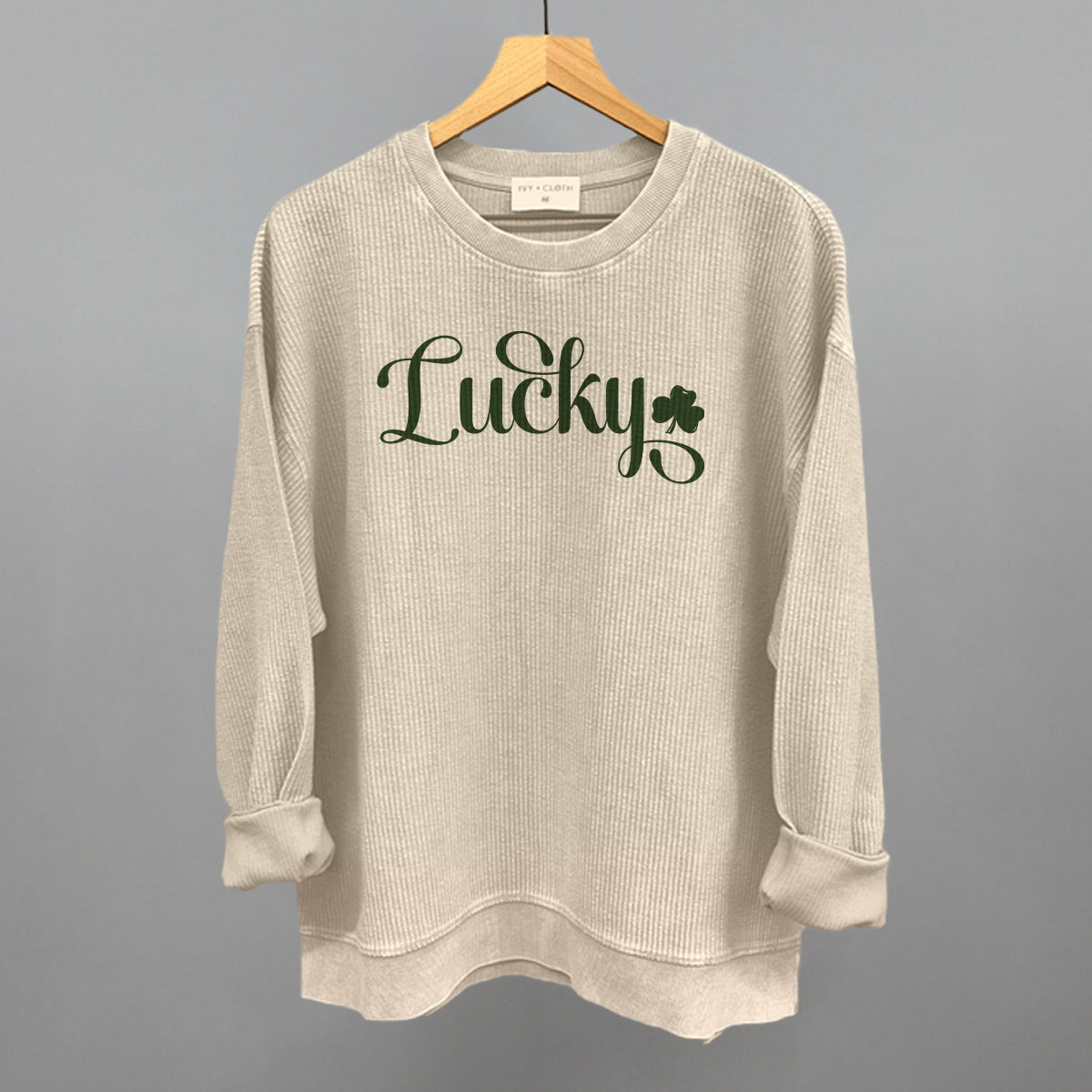 Lucky Script + Clover Funny Oversized Corded Crewneck Sweatshirt in Moonbeam – Ivy + Cloth
