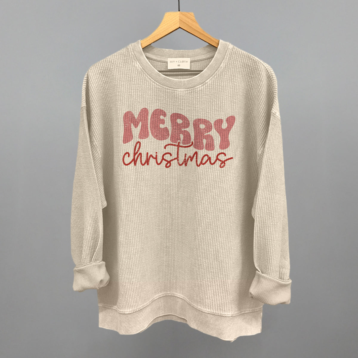 Merry Christmas (Groovy Script) Funny Oversized Corded Crewneck Sweatshirt in Moonbeam – Ivy + Cloth