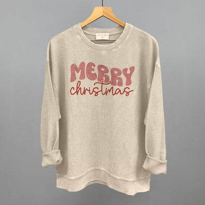 Merry Christmas (Groovy Script) Funny Oversized Corded Crewneck Sweatshirt in Moonbeam – Ivy + Cloth