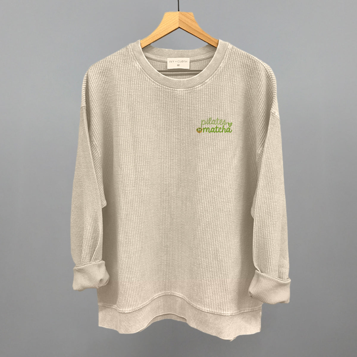 Pilates and Matcha Minimalist graphic oversized corded crew in Moonbeam