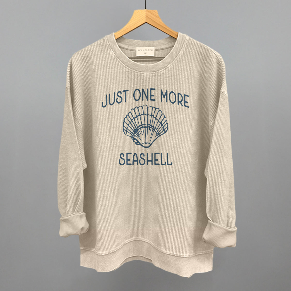 Just One More Seashell Beach graphic oversized corded crew in Moonbeam