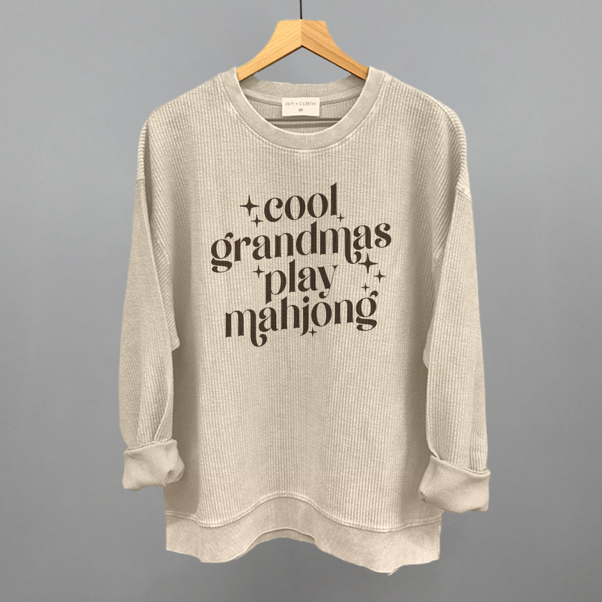 Cool Grandmas Play Mahjong graphic oversized corded crew in Moonbeam