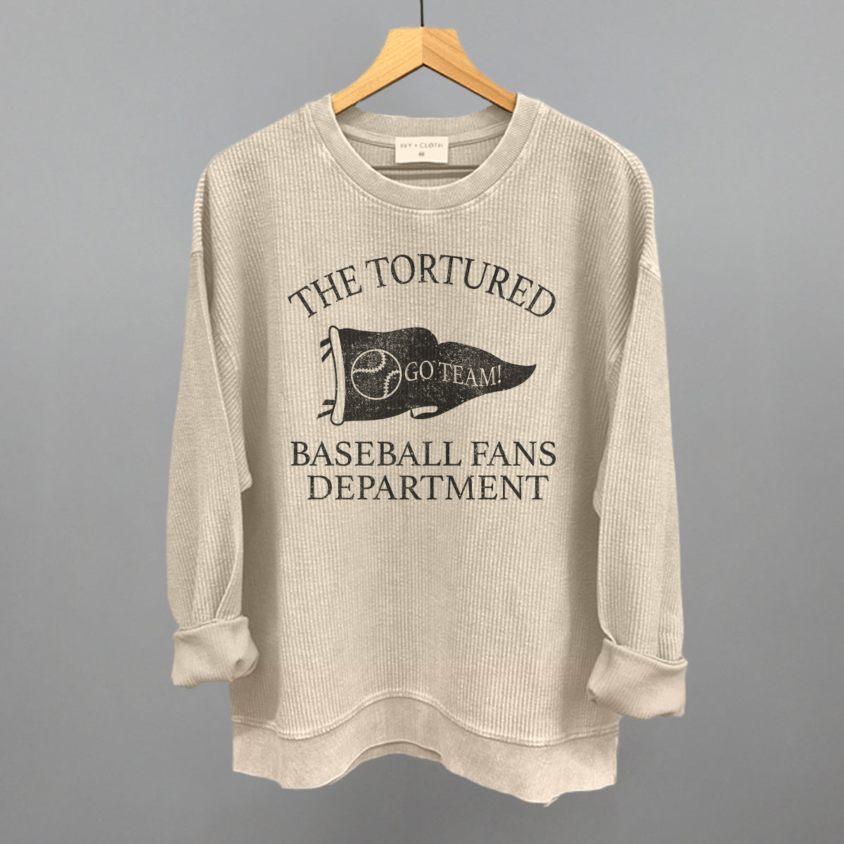 The Tortured Baseball Fans Department Funny Oversized Corded Crewneck Sweatshirt in Moonbeam – Ivy + Cloth