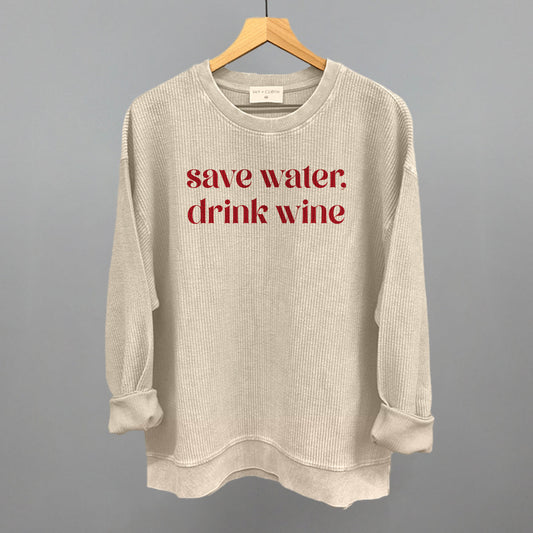 Save Water Drink Wine graphic oversized corded crew in Moonbeam