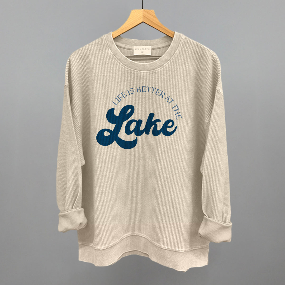 Life Is Better At The Lake Arch + Script Funny Oversized Corded Crewneck Sweatshirt in Moonbeam – Ivy + Cloth