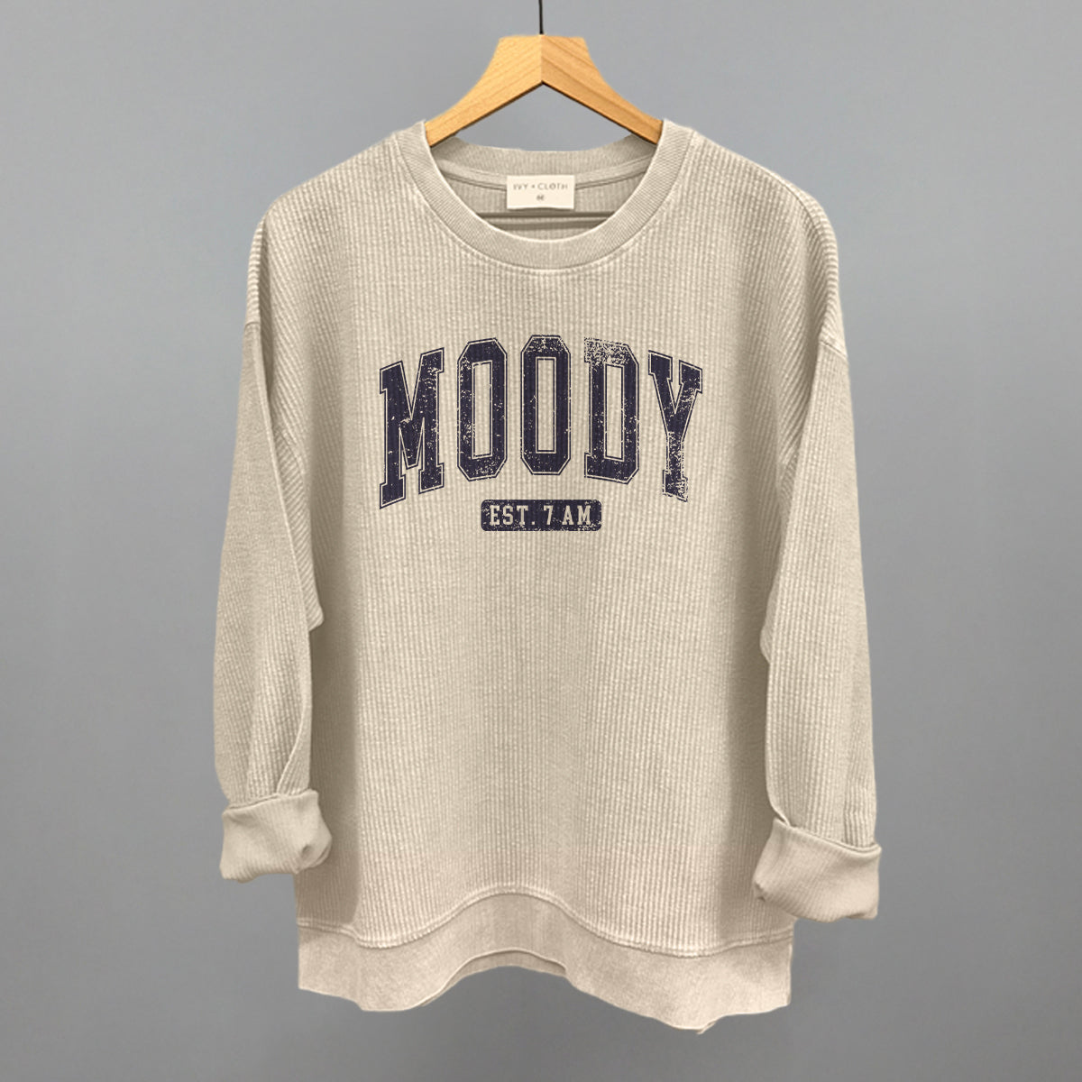 Moody Est. 7 AM graphic oversized corded crew in Moonbeam
