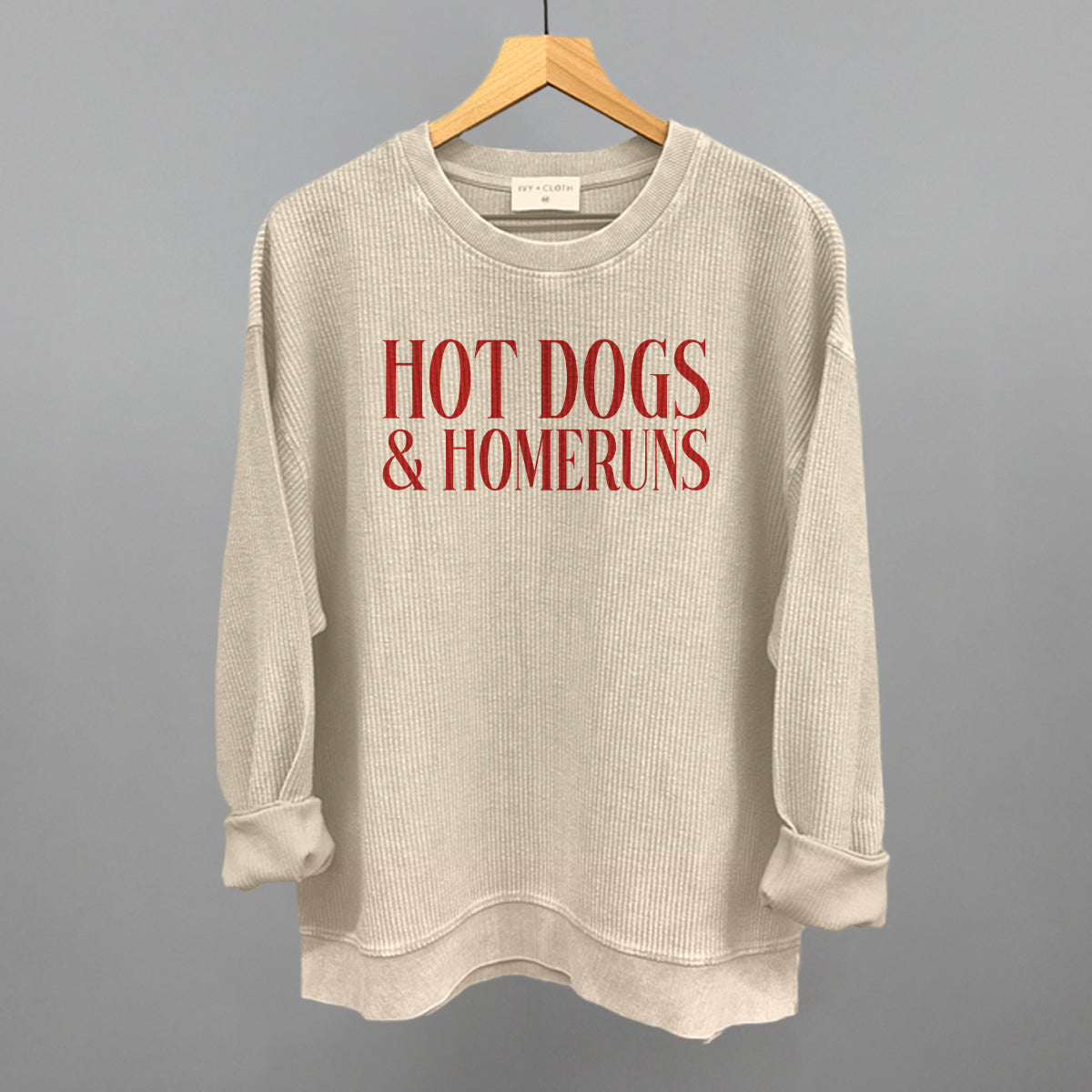 Hot Dogs & Homeruns Baseball graphic oversized corded crew in Moonbeam