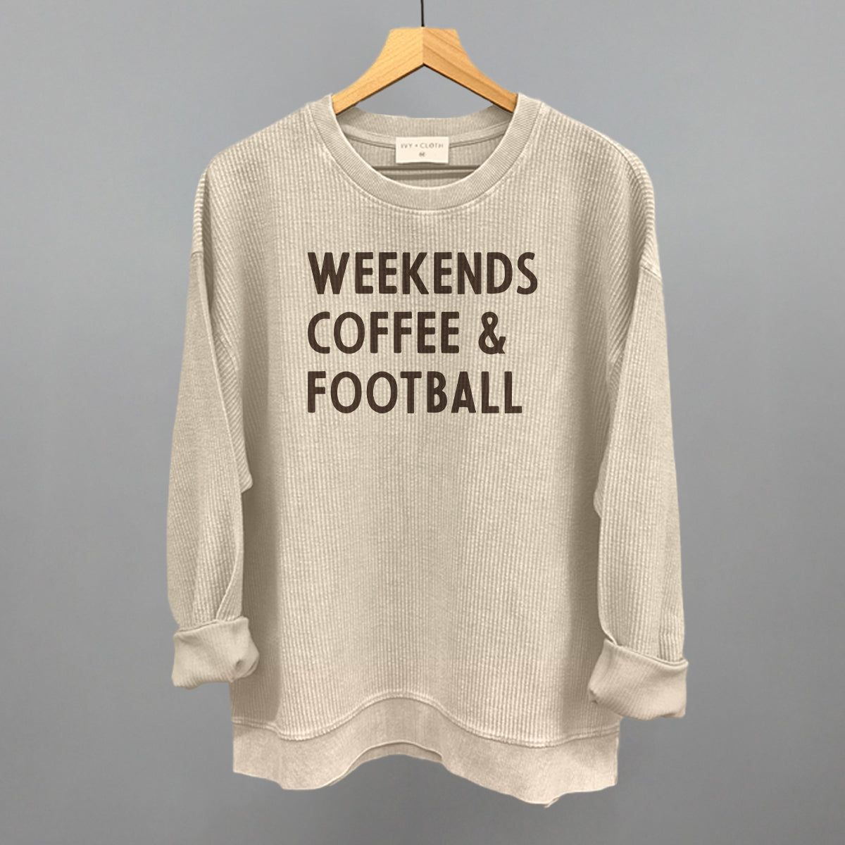 Weekends, Coffee and Football graphic oversized corded crew in Moonbeam