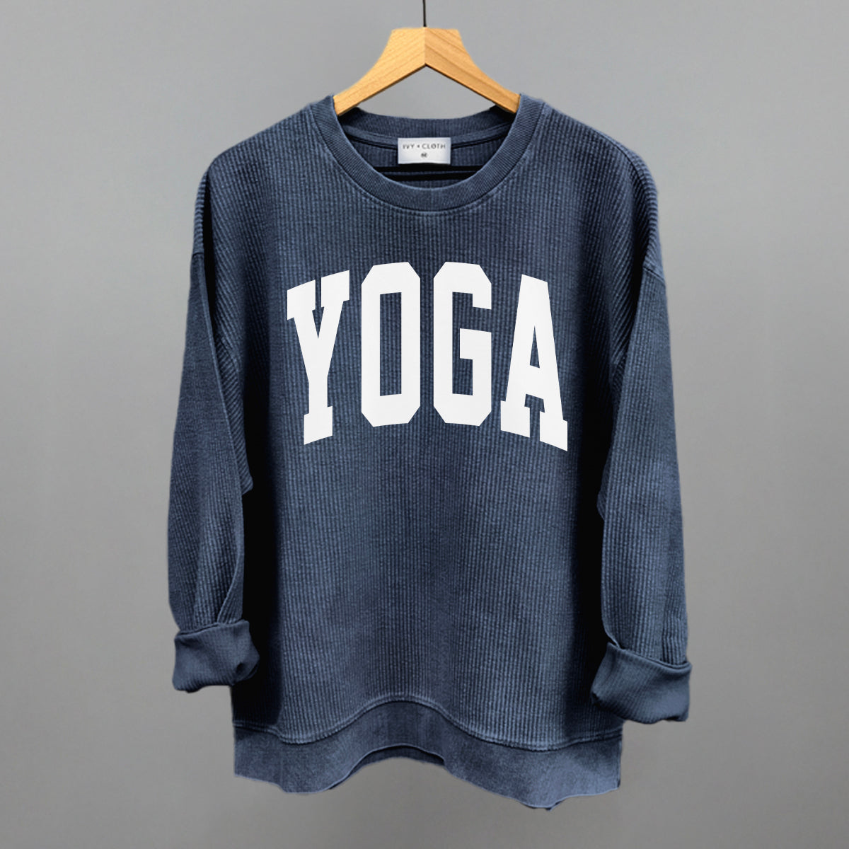Yoga Arch Funny Oversized Corded Crewneck Sweatshirt in Navy – Ivy + Cloth