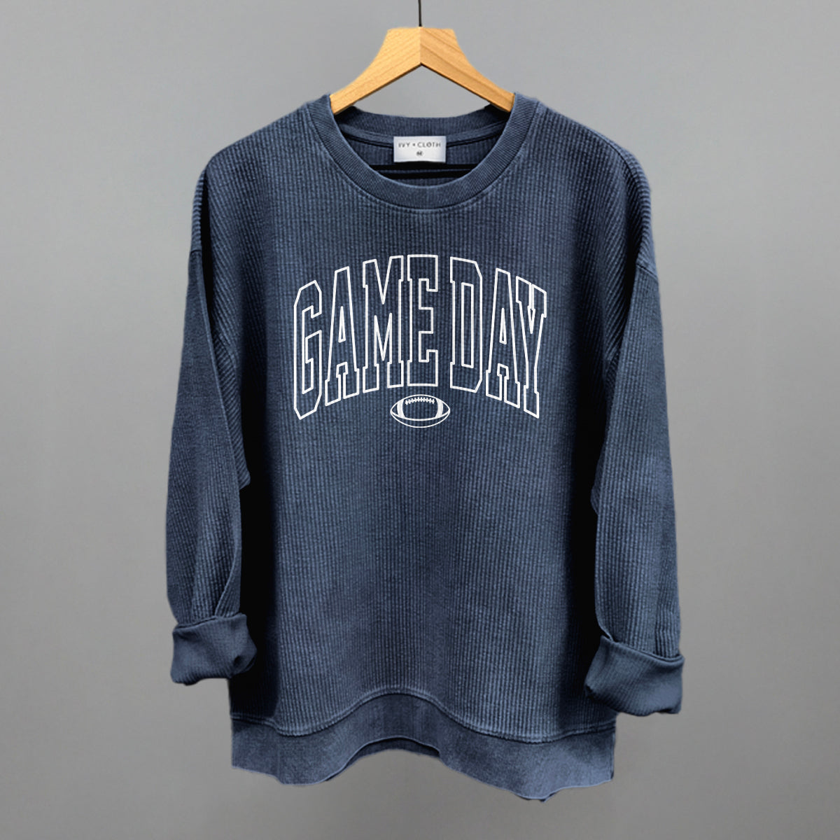 Game Day Outlined Arch Funny Oversized Corded Crewneck Sweatshirt in Navy – Ivy + Cloth