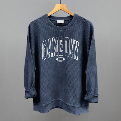 Game Day Outlined Arch Funny Oversized Corded Crewneck Sweatshirt in Navy – Ivy + Cloth