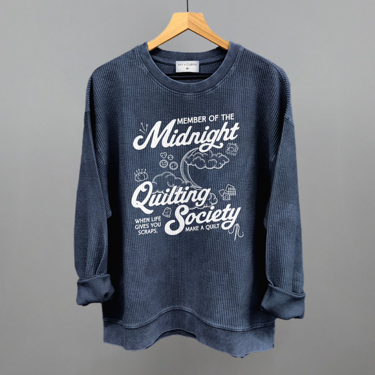 Midnight Quilting Society graphic oversized corded crew in Navy