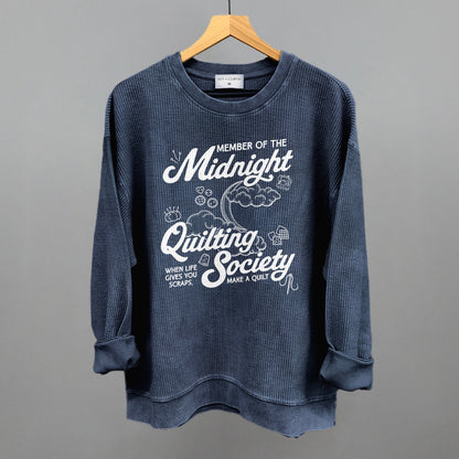Midnight Quilting Society graphic oversized corded crew in Navy