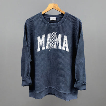 Mama Lightning Bolt Checkered graphic oversized corded crew in Navy
