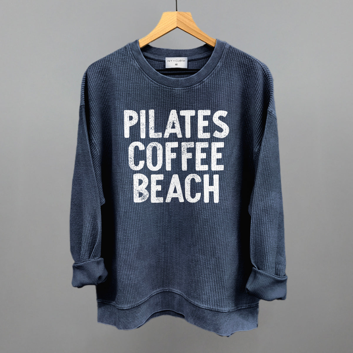 Pilates, Coffee, Beach graphic oversized corded crew in Navy