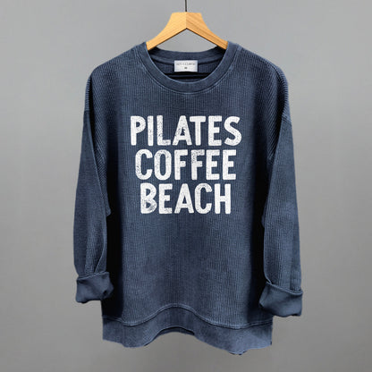 Pilates, Coffee, Beach graphic oversized corded crew in Navy