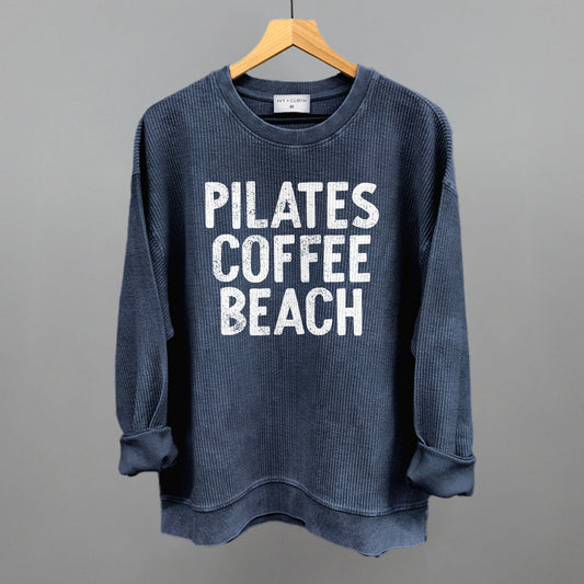 Pilates, Coffee, Beach graphic oversized corded crew in Navy