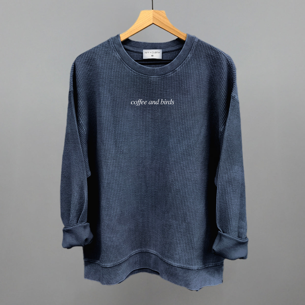 Coffee and Birds Birdwatching graphic oversized corded crew in Navy