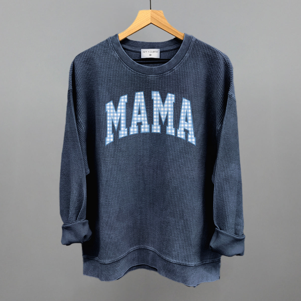Mama Blue Gingham graphic oversized corded crew in Navy