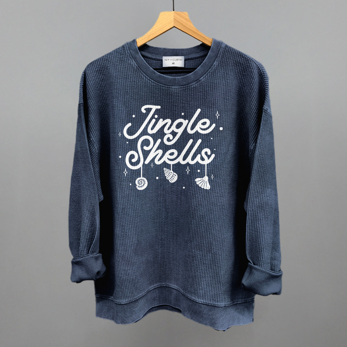 Jingle Shells Funny Oversized Corded Crewneck Sweatshirt in Navy – Ivy + Cloth