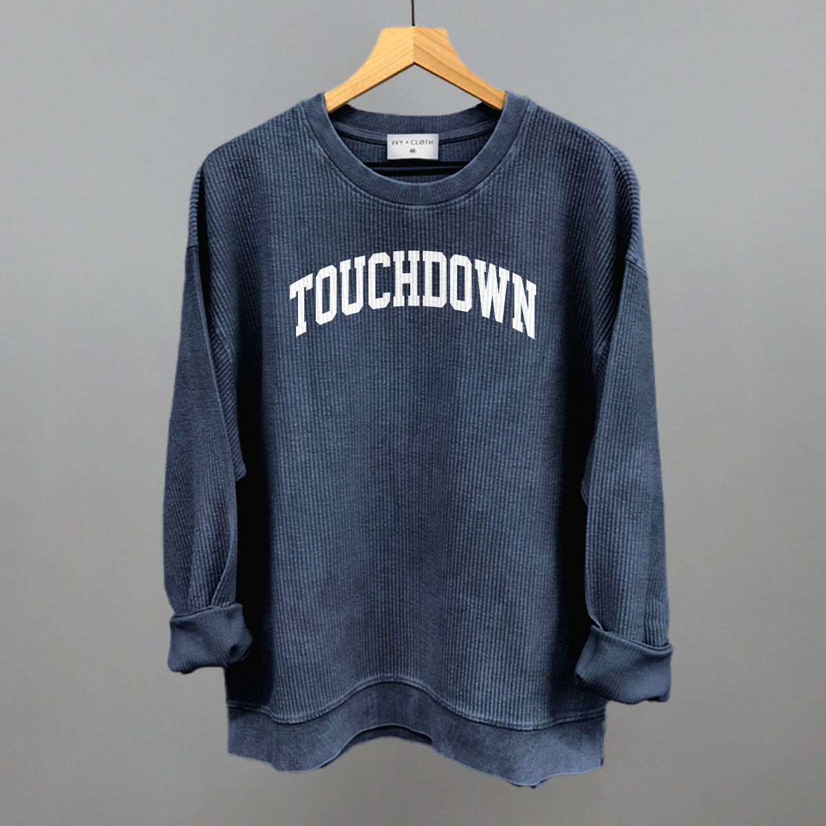 Touchdown Arch Funny Oversized Corded Crewneck Sweatshirt in Navy – Ivy + Cloth