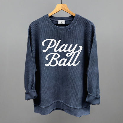 Play Ball (Vintage Script White) Funny Oversized Corded Crewneck Sweatshirt in Navy – Ivy + Cloth