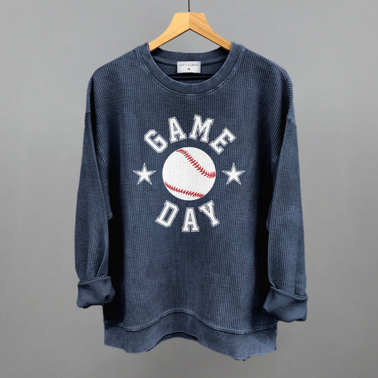 Game Day Baseball + Stars Funny Oversized Corded Crewneck Sweatshirt in Navy – Ivy + Cloth