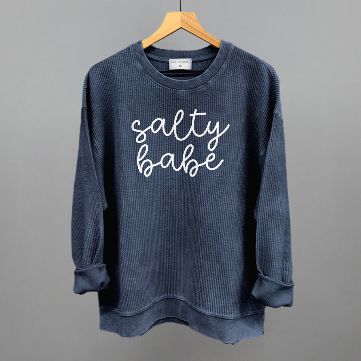 Salty Babe Beach graphic oversized corded crew in Navy