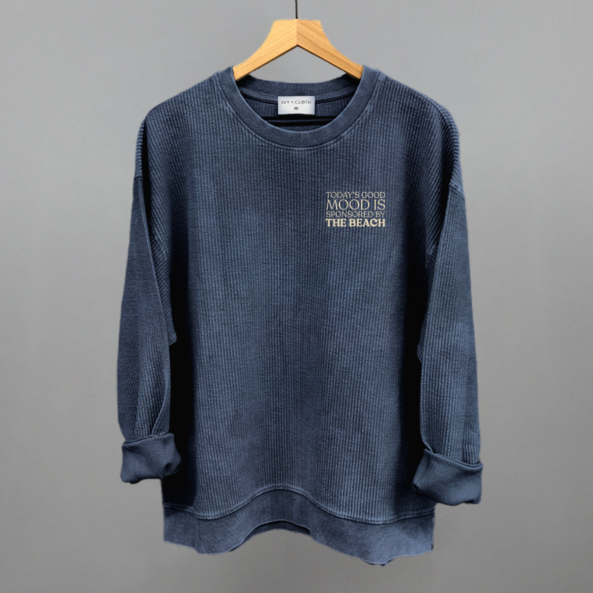 Good Mood Sponsored By The Beach graphic oversized corded crew in Navy